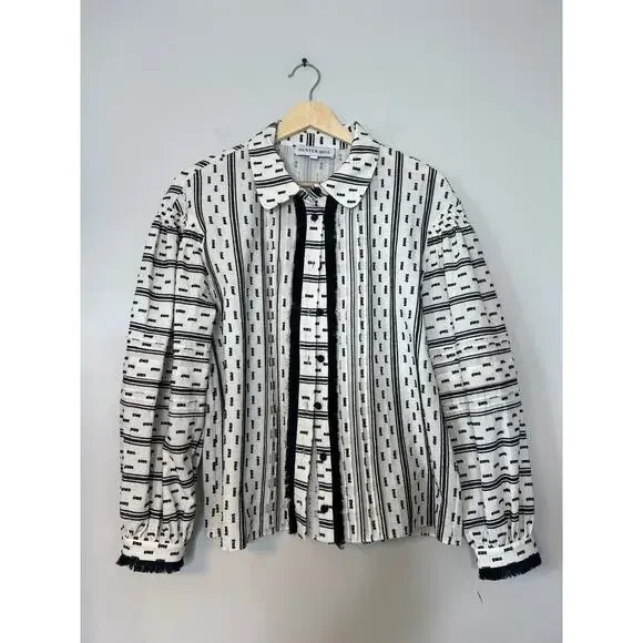 NEW Hunter Bell Ezra Long Sleeves Collared Dot Fringe Button Top in White/Black - Picture 2 of 7